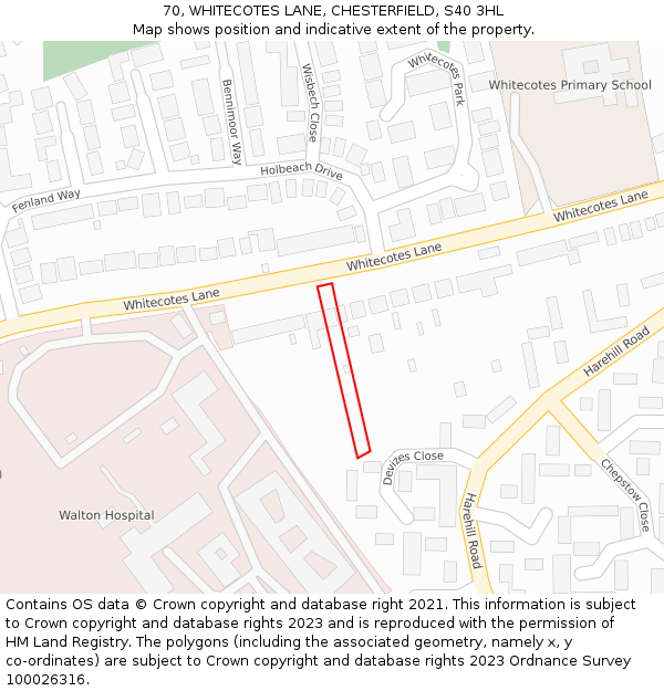 70, WHITECOTES LANE, CHESTERFIELD, S40 3HL: Location map and indicative extent of plot