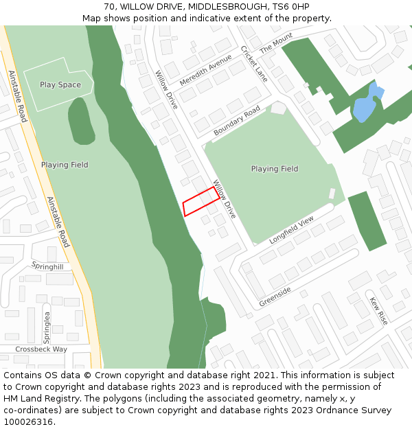 70, WILLOW DRIVE, MIDDLESBROUGH, TS6 0HP: Location map and indicative extent of plot