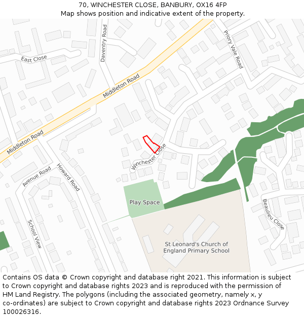 70, WINCHESTER CLOSE, BANBURY, OX16 4FP: Location map and indicative extent of plot