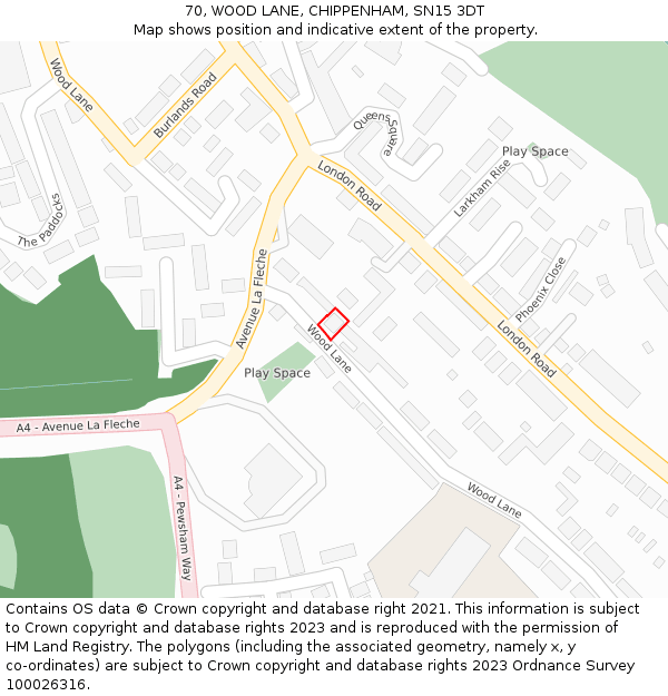 70, WOOD LANE, CHIPPENHAM, SN15 3DT: Location map and indicative extent of plot