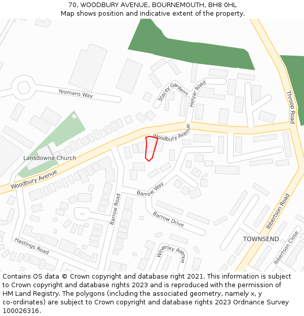 70, WOODBURY AVENUE, BOURNEMOUTH, BH8 0HL: Location map and indicative extent of plot