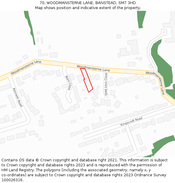 70, WOODMANSTERNE LANE, BANSTEAD, SM7 3HD: Location map and indicative extent of plot