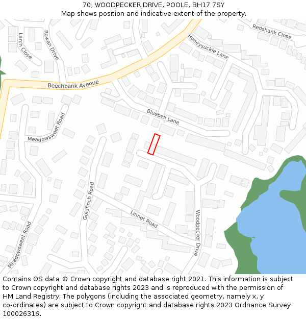 70, WOODPECKER DRIVE, POOLE, BH17 7SY: Location map and indicative extent of plot