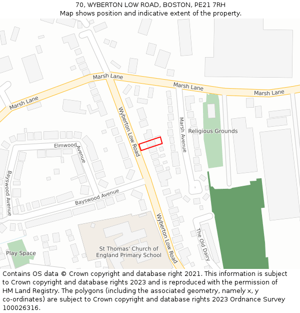 70, WYBERTON LOW ROAD, BOSTON, PE21 7RH: Location map and indicative extent of plot