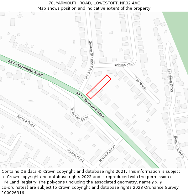 70, YARMOUTH ROAD, LOWESTOFT, NR32 4AG: Location map and indicative extent of plot