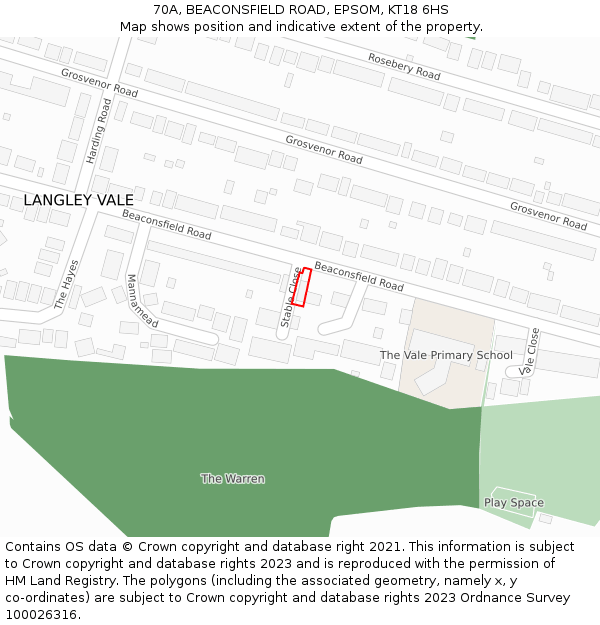 70A, BEACONSFIELD ROAD, EPSOM, KT18 6HS: Location map and indicative extent of plot
