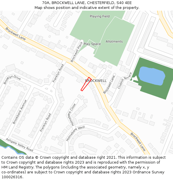 70A, BROCKWELL LANE, CHESTERFIELD, S40 4EE: Location map and indicative extent of plot