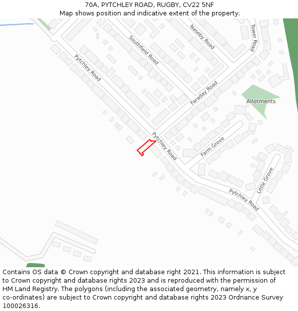 70A, PYTCHLEY ROAD, RUGBY, CV22 5NF: Location map and indicative extent of plot