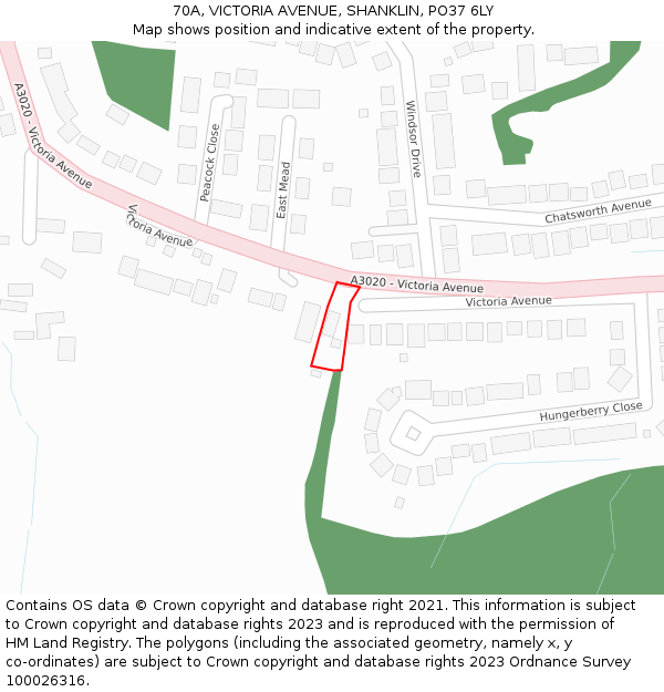 70A, VICTORIA AVENUE, SHANKLIN, PO37 6LY: Location map and indicative extent of plot