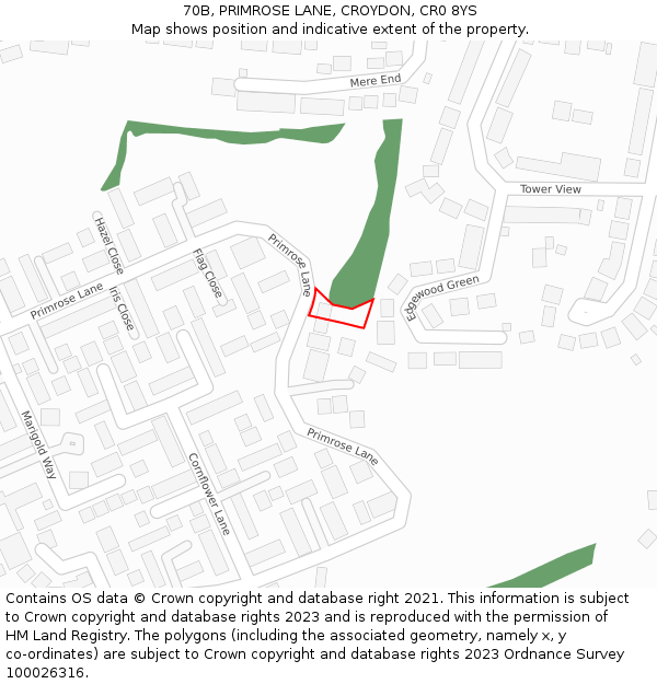 70B, PRIMROSE LANE, CROYDON, CR0 8YS: Location map and indicative extent of plot