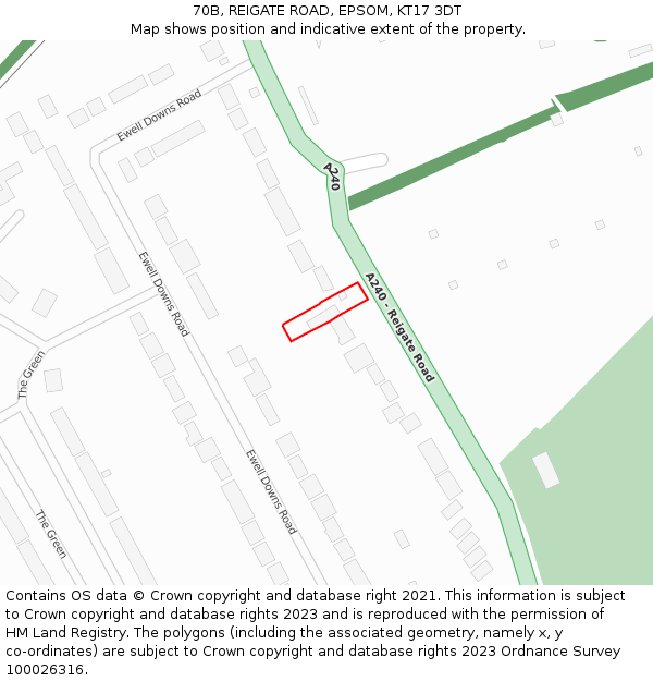 70B, REIGATE ROAD, EPSOM, KT17 3DT: Location map and indicative extent of plot