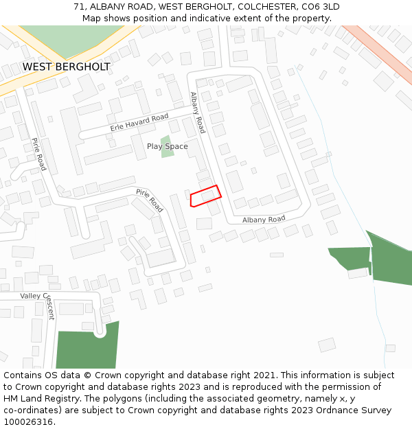 71, ALBANY ROAD, WEST BERGHOLT, COLCHESTER, CO6 3LD: Location map and indicative extent of plot