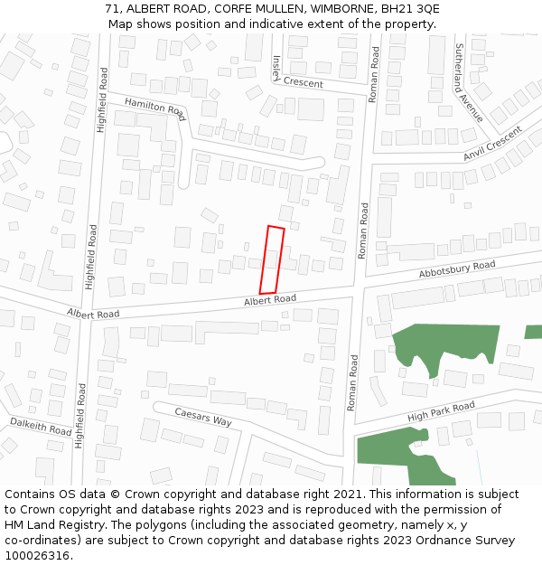 71, ALBERT ROAD, CORFE MULLEN, WIMBORNE, BH21 3QE: Location map and indicative extent of plot