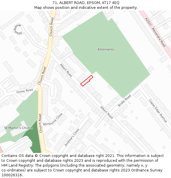 71, ALBERT ROAD, EPSOM, KT17 4EQ: Location map and indicative extent of plot