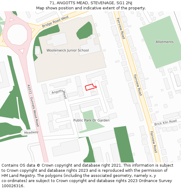 71, ANGOTTS MEAD, STEVENAGE, SG1 2NJ: Location map and indicative extent of plot