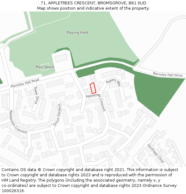 71, APPLETREES CRESCENT, BROMSGROVE, B61 0UD: Location map and indicative extent of plot