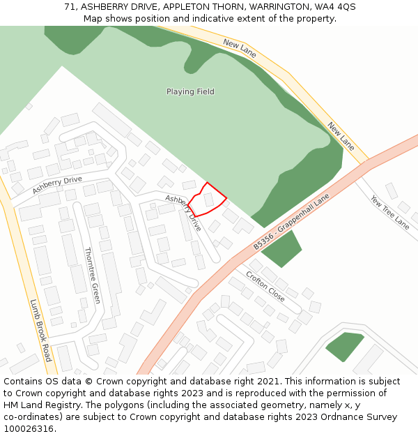 71, ASHBERRY DRIVE, APPLETON THORN, WARRINGTON, WA4 4QS: Location map and indicative extent of plot