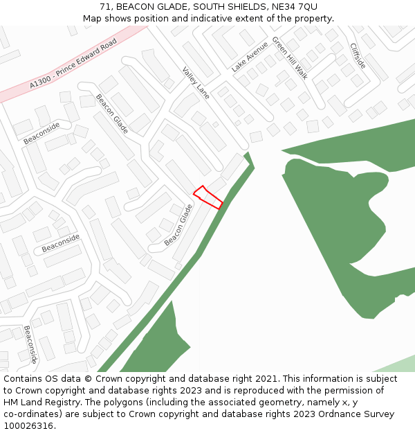 71, BEACON GLADE, SOUTH SHIELDS, NE34 7QU: Location map and indicative extent of plot