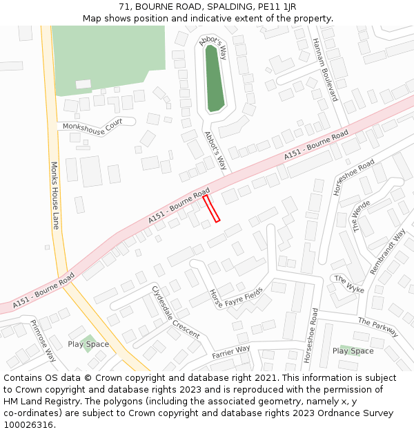 71, BOURNE ROAD, SPALDING, PE11 1JR: Location map and indicative extent of plot