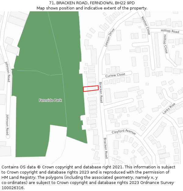 71, BRACKEN ROAD, FERNDOWN, BH22 9PD: Location map and indicative extent of plot