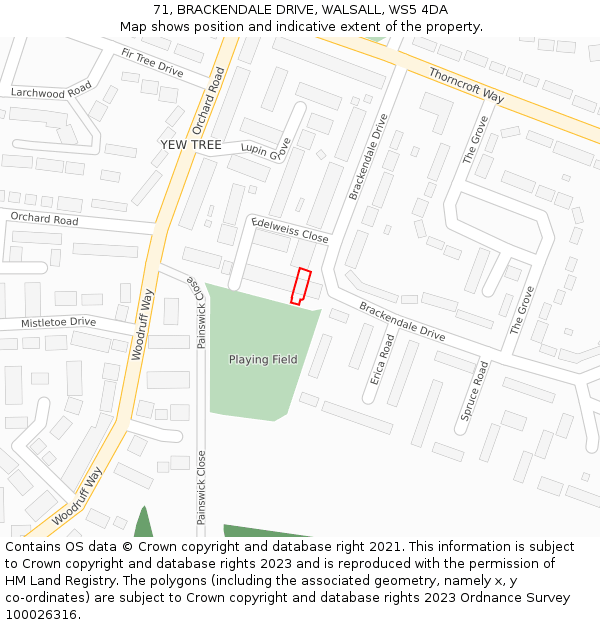 71, BRACKENDALE DRIVE, WALSALL, WS5 4DA: Location map and indicative extent of plot