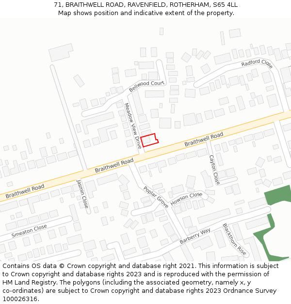 71, BRAITHWELL ROAD, RAVENFIELD, ROTHERHAM, S65 4LL: Location map and indicative extent of plot