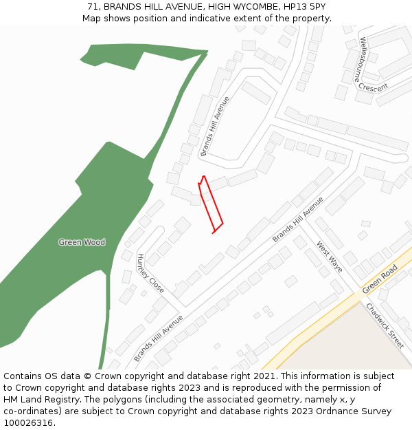 71, BRANDS HILL AVENUE, HIGH WYCOMBE, HP13 5PY: Location map and indicative extent of plot
