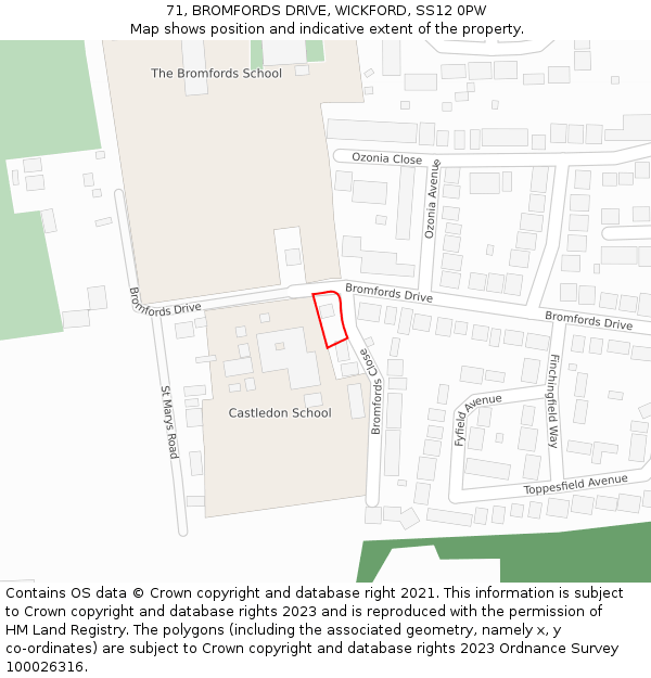71, BROMFORDS DRIVE, WICKFORD, SS12 0PW: Location map and indicative extent of plot