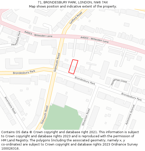 71, BRONDESBURY PARK, LONDON, NW6 7AX: Location map and indicative extent of plot