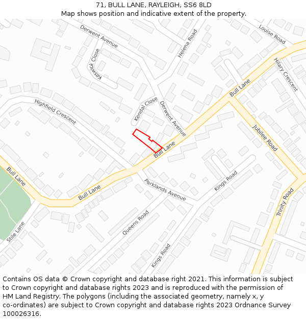 71, BULL LANE, RAYLEIGH, SS6 8LD: Location map and indicative extent of plot