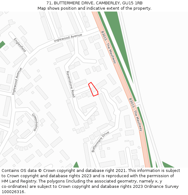 71, BUTTERMERE DRIVE, CAMBERLEY, GU15 1RB: Location map and indicative extent of plot