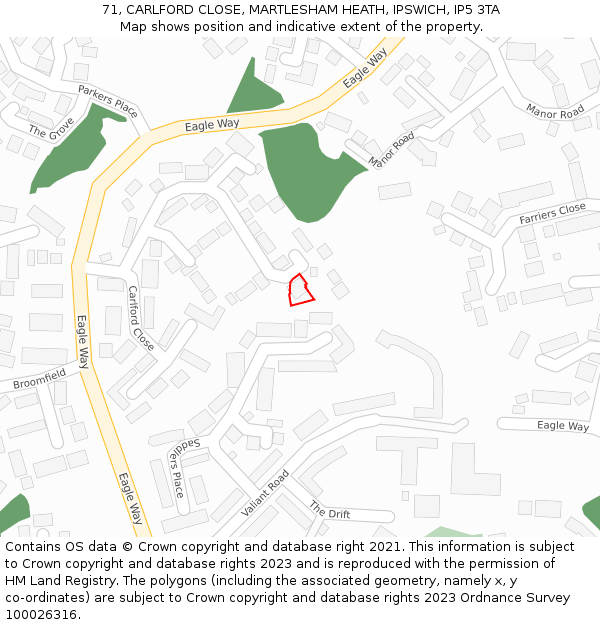 71, CARLFORD CLOSE, MARTLESHAM HEATH, IPSWICH, IP5 3TA: Location map and indicative extent of plot