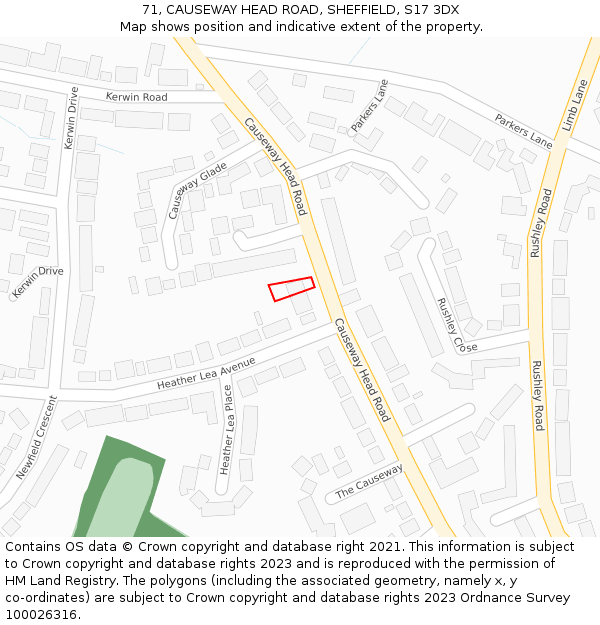 71, CAUSEWAY HEAD ROAD, SHEFFIELD, S17 3DX: Location map and indicative extent of plot