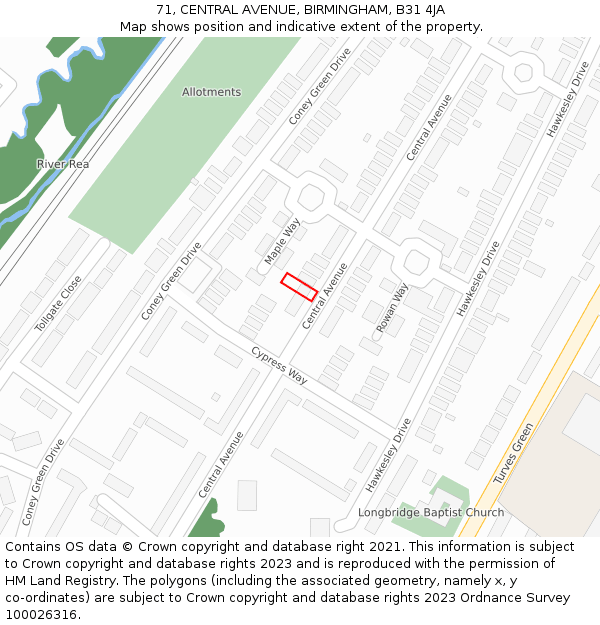 71, CENTRAL AVENUE, BIRMINGHAM, B31 4JA: Location map and indicative extent of plot