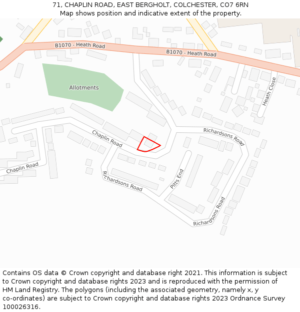 71, CHAPLIN ROAD, EAST BERGHOLT, COLCHESTER, CO7 6RN: Location map and indicative extent of plot