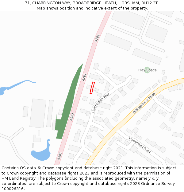 71, CHARRINGTON WAY, BROADBRIDGE HEATH, HORSHAM, RH12 3TL: Location map and indicative extent of plot