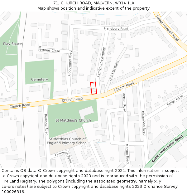 71, CHURCH ROAD, MALVERN, WR14 1LX: Location map and indicative extent of plot