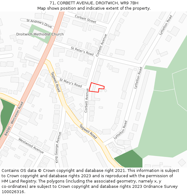 71, CORBETT AVENUE, DROITWICH, WR9 7BH: Location map and indicative extent of plot