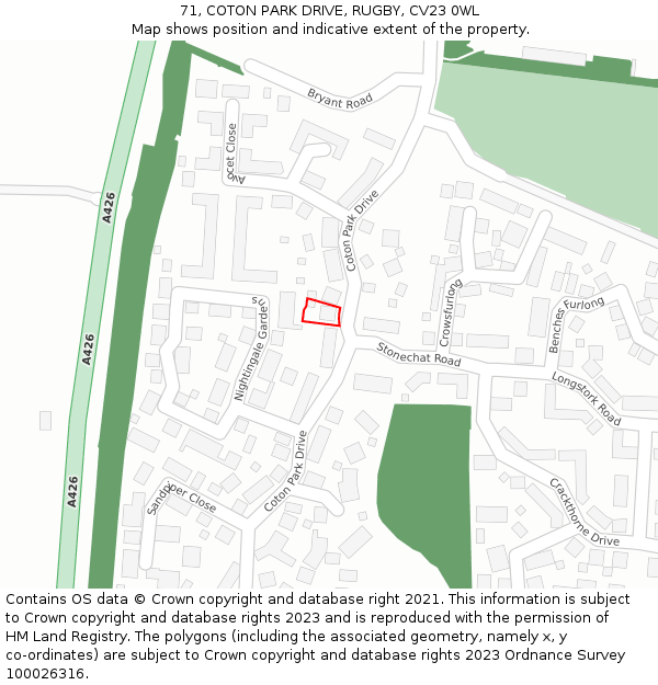 71, COTON PARK DRIVE, RUGBY, CV23 0WL: Location map and indicative extent of plot