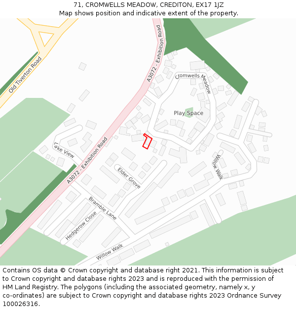 71, CROMWELLS MEADOW, CREDITON, EX17 1JZ: Location map and indicative extent of plot