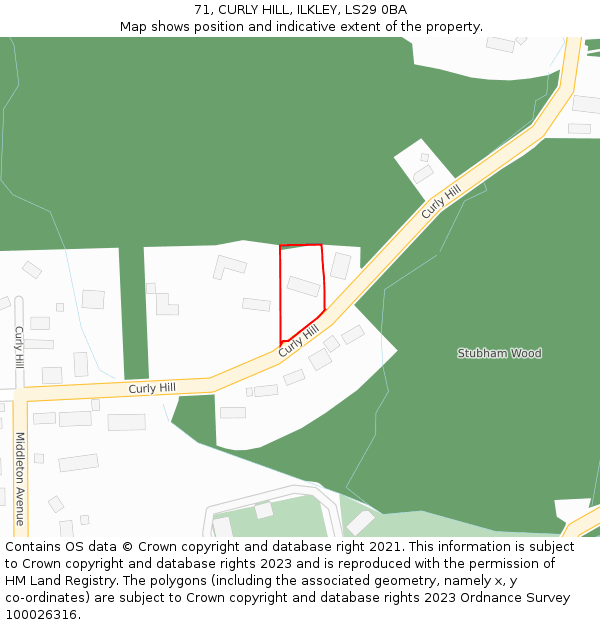 71, CURLY HILL, ILKLEY, LS29 0BA: Location map and indicative extent of plot