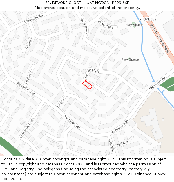 71, DEVOKE CLOSE, HUNTINGDON, PE29 6XE: Location map and indicative extent of plot