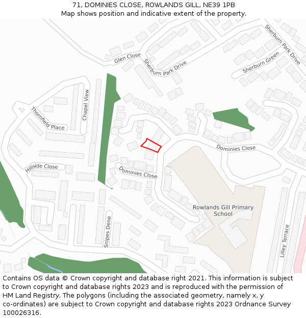 71, DOMINIES CLOSE, ROWLANDS GILL, NE39 1PB: Location map and indicative extent of plot