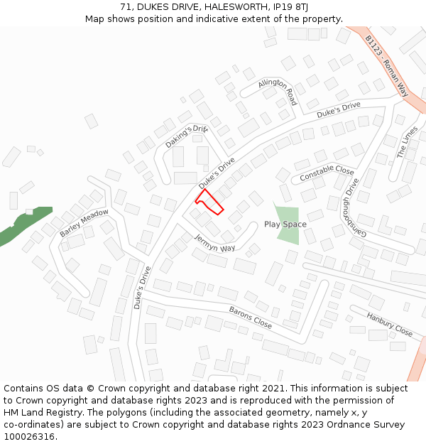 71, DUKES DRIVE, HALESWORTH, IP19 8TJ: Location map and indicative extent of plot