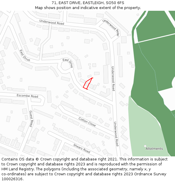 71, EAST DRIVE, EASTLEIGH, SO50 6FS: Location map and indicative extent of plot