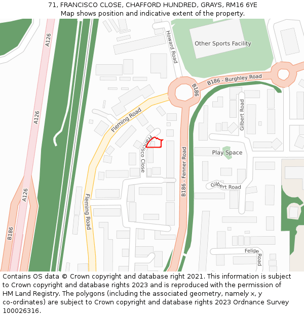 71, FRANCISCO CLOSE, CHAFFORD HUNDRED, GRAYS, RM16 6YE: Location map and indicative extent of plot