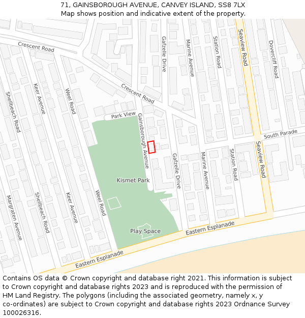 71, GAINSBOROUGH AVENUE, CANVEY ISLAND, SS8 7LX: Location map and indicative extent of plot