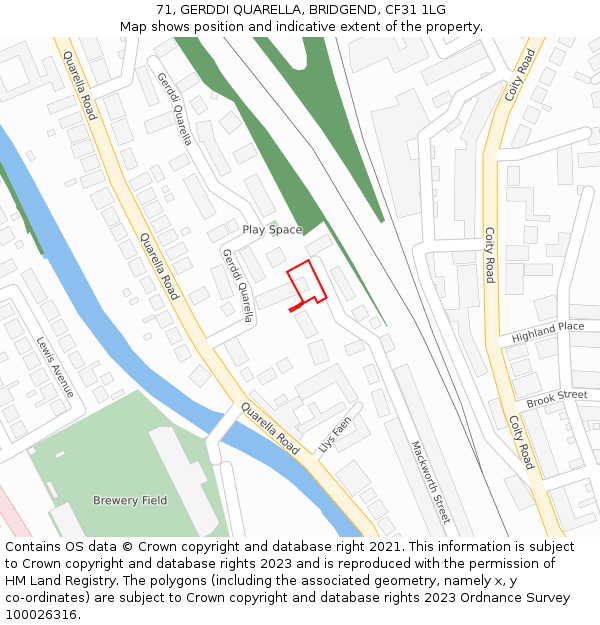 71, GERDDI QUARELLA, BRIDGEND, CF31 1LG: Location map and indicative extent of plot