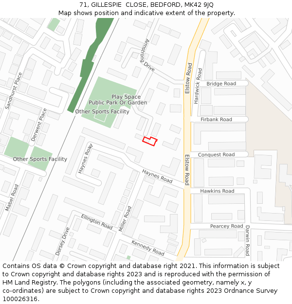 71, GILLESPIE  CLOSE, BEDFORD, MK42 9JQ: Location map and indicative extent of plot