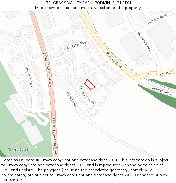 71, GRASS VALLEY PARK, BODMIN, PL31 1DN: Location map and indicative extent of plot